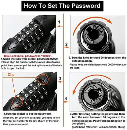 Bike Lock Bicycle Lock Chain ，5-Digit Combination Lock Core Steel Wire Bike Lock Security&Portable Bicycle Locks,1.1M X 1/2 Inch (Green)