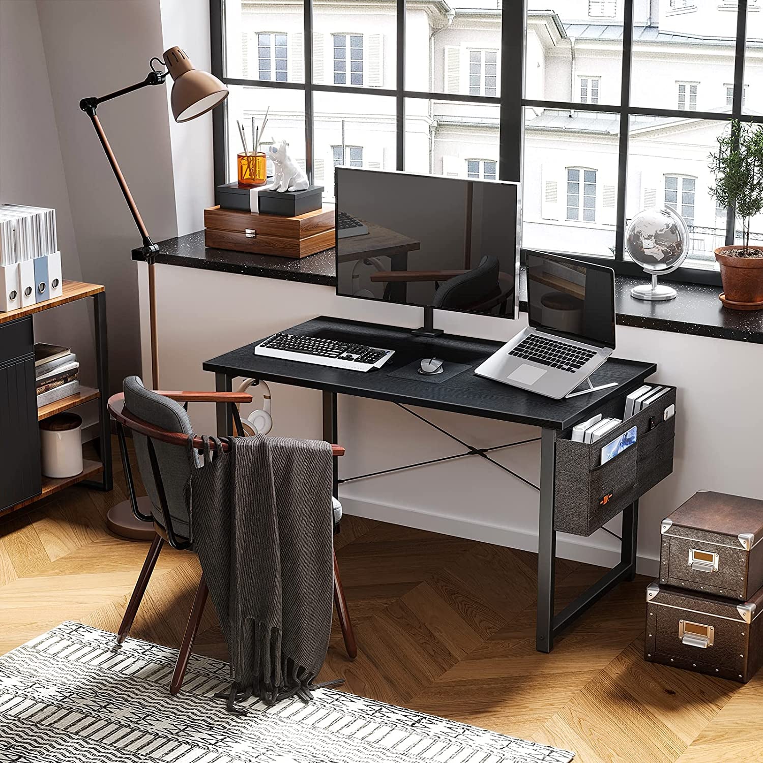 Computer Desk Large Office Desk, 48 Inch Writing Desk with Storage, Modern PC Desk Work Table with Headphone Hook for Home Office, Black